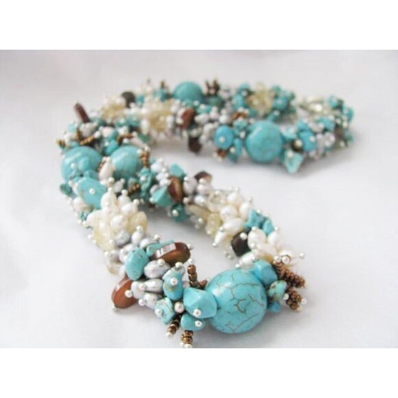 Turquoise Multi-Gemstone Fresh Water Pearl Cluster Wire wrapped Necklace - Picture 1 of 8